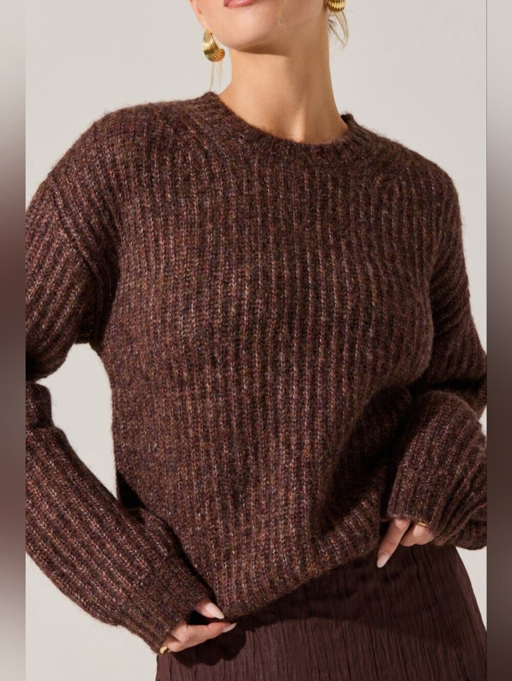 Astr Brown Multi Archer Crewneck Sweater SMALL